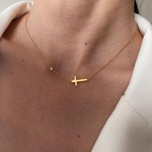 Cross Necklace Sideways Cubic Zirconia Cross Dainty CZ Cross Christian Pendant